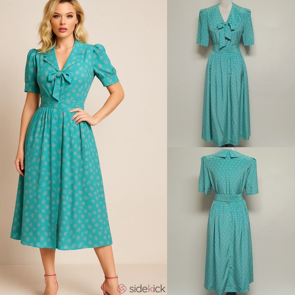 60s Vintage Prophecy Turquoise Ditsy Floral Sailor Collar Midi Two-Piece Set 12